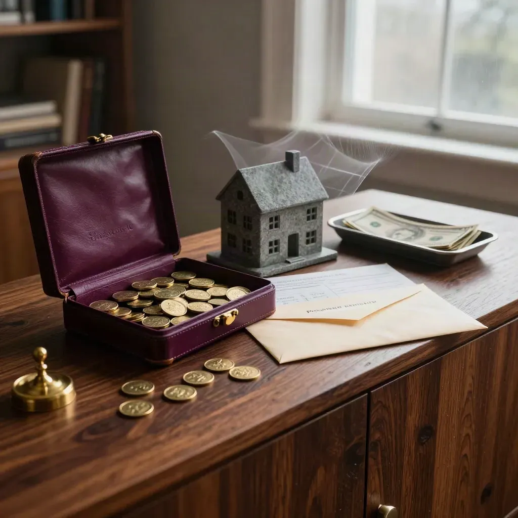 Plum portfolio case, brass tokens, house model and pension folder in rain-lit wealth planning scene.