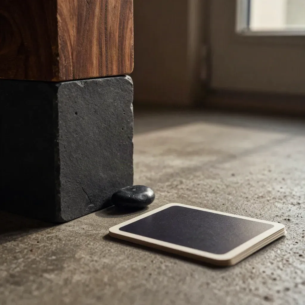 Matte risk blocks, black pebble and folded card case on concrete in slanting afternoon light.
