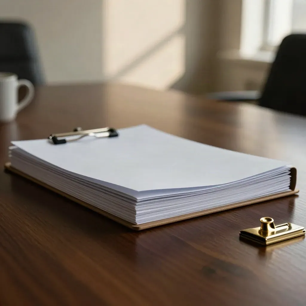 Closed report bundle, face-down clipboard, brass clip and mug ring on dark table in warm window light.