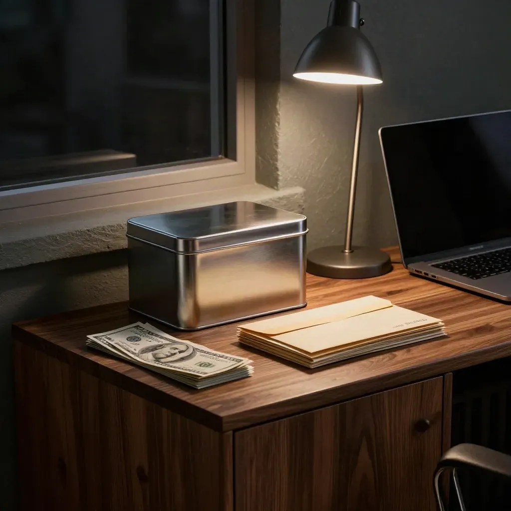 After-hours office sideboard with reserve tin, payroll envelopes, closed laptop and desk lamp
