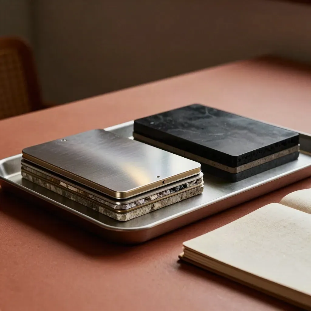 Three material stacks on a tray beside a folded notebook in warm side light.
