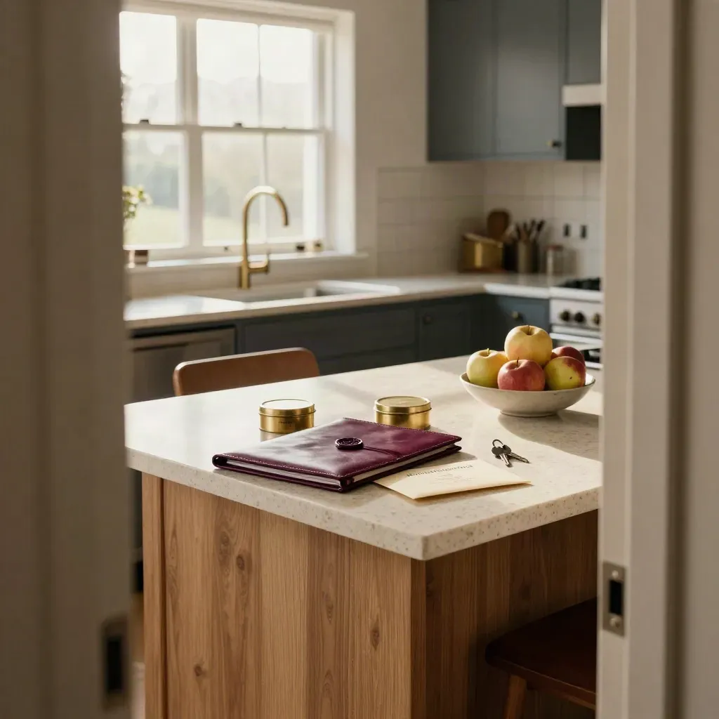 Kitchen island with wealth review items: folder, pension envelope, reserve tin, keys and apples.