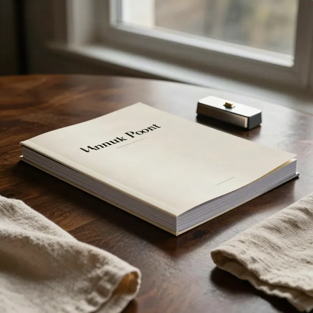 Closed annual report bundle with graphite clip, paperweight and linen on a dark table by a window.