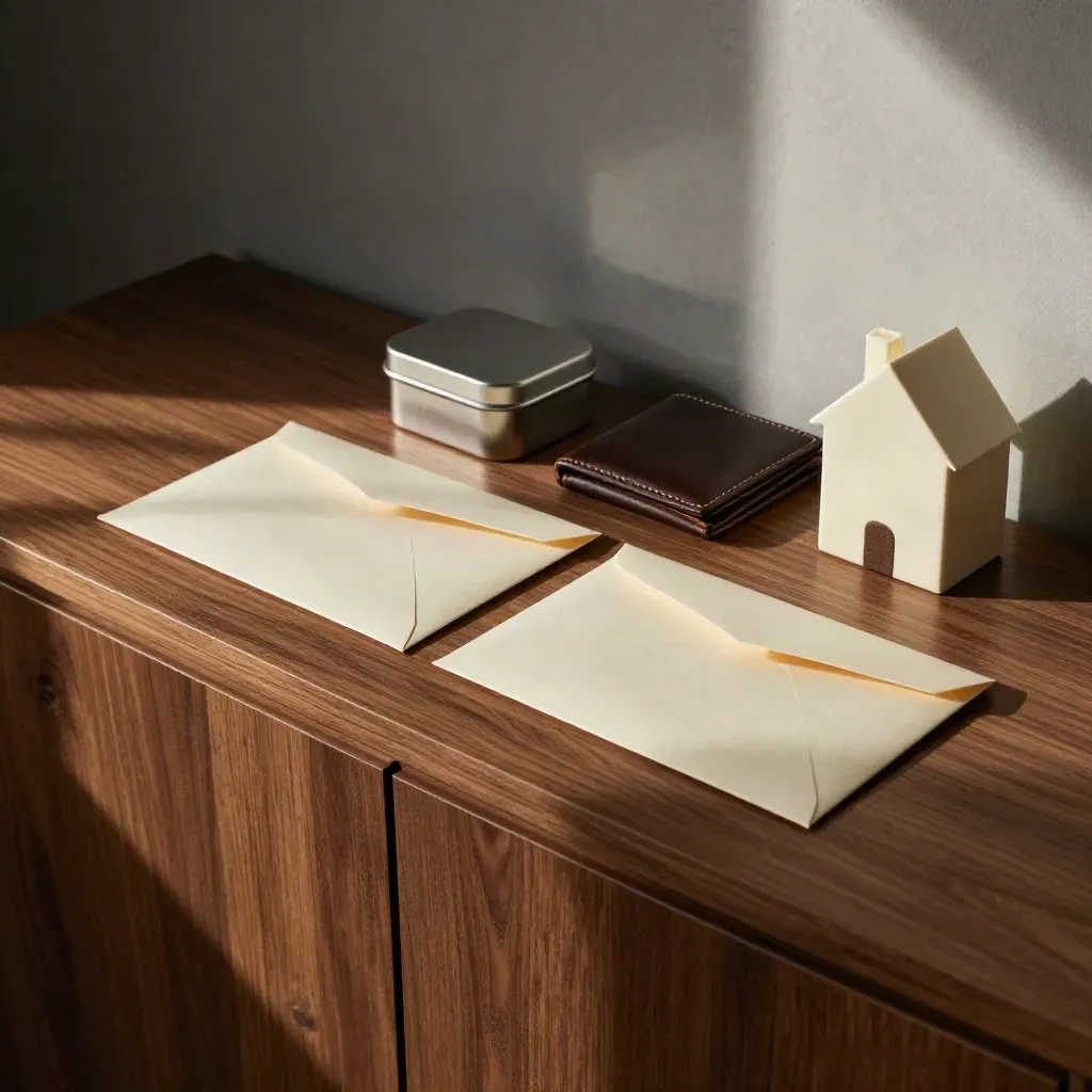 Cream envelopes, reserve tin, dark wallet and house paperweight on a walnut console in a quiet office.