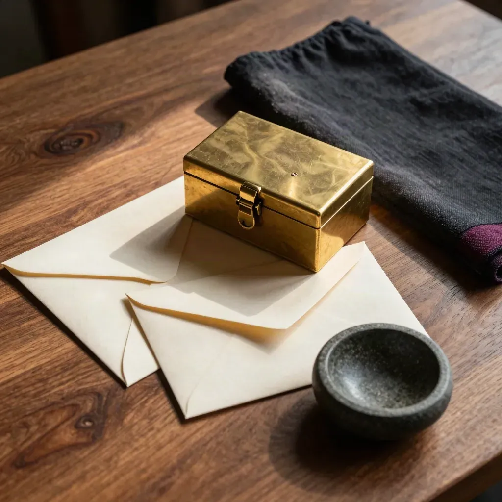 Overhead brass cash box with envelopes, cloth and stone bowl on walnut, lit by soft side light.
